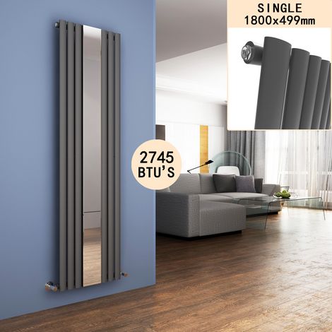 ELEGANT Anthracite Vertical Radiator Single Oval Panel Central Heating Radiators with Mirror, 1800x499mm