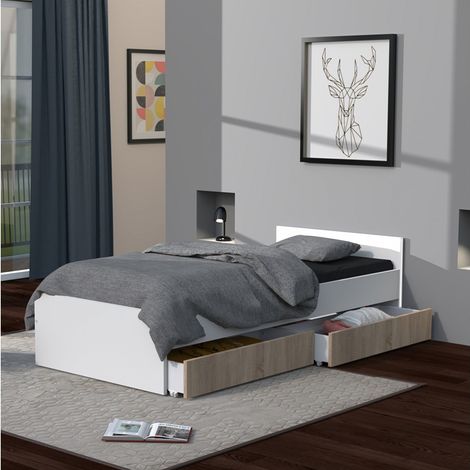 Lit 90x190 avec 2 tiroirs – Bois blanchi et blanc – Panneaux MDF – Dimensions intérieures tiroirs 90x33x14 cm – Weber Industries (1/5)