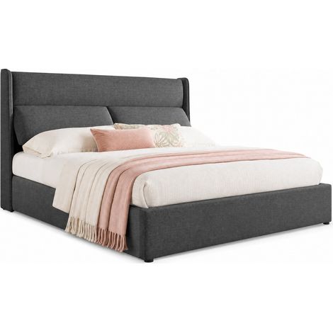Lit coffre double 140x200 cm avec tête de lit réglable 3 positions, rangement hydraulique, sommier métallique gris, sans matelas pour chambre adulte  CHICFURN (1/5)