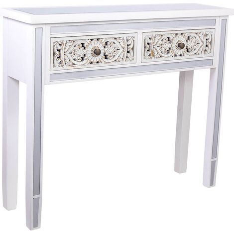 console romantique blanche en bois et verre avec deux tiroirs sculptés - blanc patiné détails bois clair (1/5)