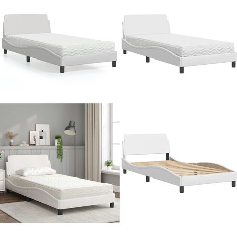 Bett mit Matratze Weiß 100x200 cm Kunstleder - Schlafzimmer Möbel - Doppelbett - Boxspringbetten - Betten Mit Matratze - Weißes Bett - Home & Living (1/5)