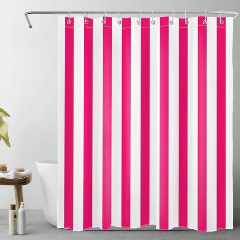 Rayures Rose Vif et Blanc Rideaux de Douche 150x200cm(LxH) Géométrique texturé Rideaux de Bain avec Crochets,Art Abstrait Moderne Extra Longue Imperméable Polyester Anti Moule Salle de Bain Décor (1/5)
