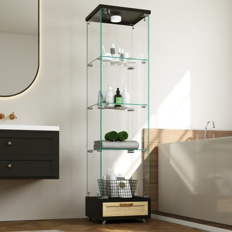 Vitrine moderne en verre avec tiroirs, éclairage LED intégré, bibliothèque en verre trempé, meuble à une porte et quatre étagères. Convient pour le salon et la chambre, noir - H 167 / L 42,5 / P 36,5 (1/3)