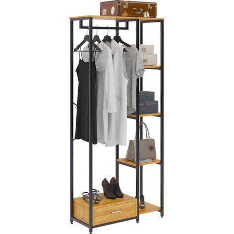 Soges – Porte-vêtements sur pied avec étagères 5 niveaux – Barre de suspension et tiroir – Organisateur de rangement pour placard ouvert – Métal robuste