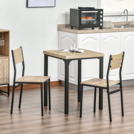 Ensemble table à manger 60x60x76 cm avec 2 chaises, plateau bois naturel et cadre métal noir (1/5)