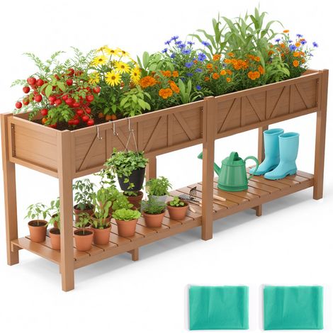 Bac à plantes élevé 183x44x73cm, grand potager extérieur résistant aux intempéries avec étagère, 6 crochets, 2 doublures non tissées, culture légumes fleurs herbes, jardin balcon terrasse (1/5)