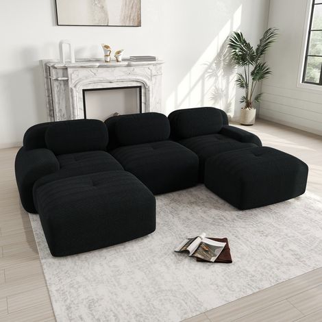 Modulares U-förmiges Ecksofa – 298 x 178 x 75 cm – Ergonomisches Design, keine Montage erforderlich – Hochdichter Schaumstoff 32D und Cord – Schwarz