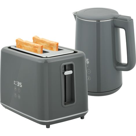 Digital Stainless Steel Kettle and Toaster Set, 1.5L 3000W Fast Boil Kettle, 2 Slice Toaster with 7 Level Browning Controls, Defrost, Reheat, Keep Warm, Crumb Tray and LED Touch Display, Grey (1/5)