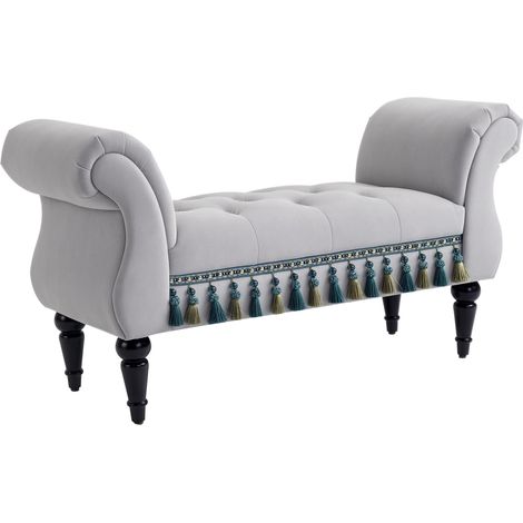 Banc rembourré avec revêtement en velours et accoudoirs — Banc de lit à structure en bois — Banc à chaussures pour chambre, salon ou couloir — 117 x 40 x 58 cm — Gris clair