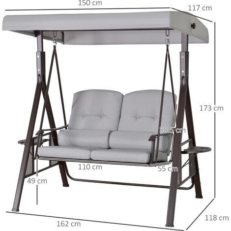 Balancelle Hollywood 2 places Outsunny avec pare-soleil, coussins et tablette, balancelle de jardin moderne en métal et polyester, grise, 162 x 118 x 173 cm (1/5)