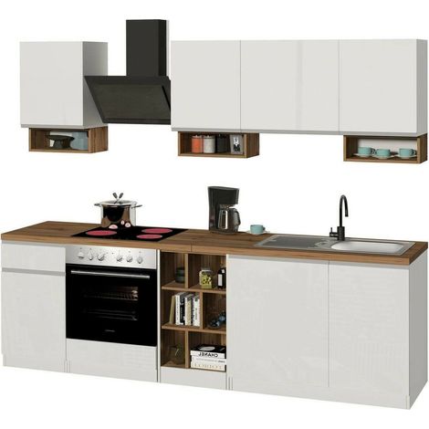 Dmora - Cocina completa Rudolf, Cocina práctica y que ahorra espacio, Pared de cocina con 7 puertas y 1 cajón, 100% Made in Italy, 255x60h85 cm, Blanco brillo y roble, con embalaje reforzado (1/5)