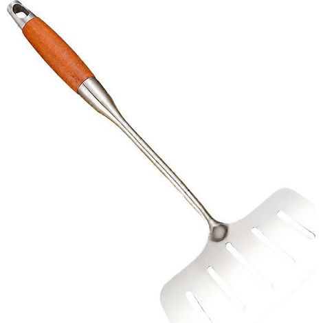 Spatule de cuisine en acier inoxydable avec manche en bois pour la friture. (1/5)