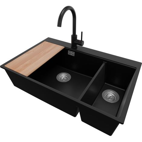 PRIMAGRAN Evier Cuisine en Granit 78x50cm, Lavabo 2 bacs + Robinet 32x20cm + Kit de Vidage + Accessoire, Évier à Encastrer au meuble 80cm - Oslo Duo, Noir (1/5)