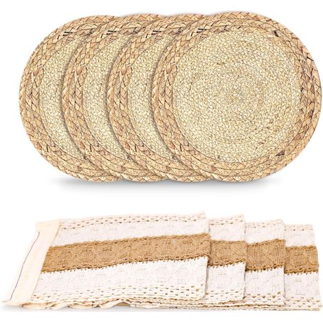 Lot de 4 Sets de Table Bohème, Tapis de Repas en Herbe Tissés à la Main aux Couleurs Primaires et Set Table Tissu en Coton et Lin avec Pompon, pour Mariage à la Ferme, Décoration de Restaurant (1/5)