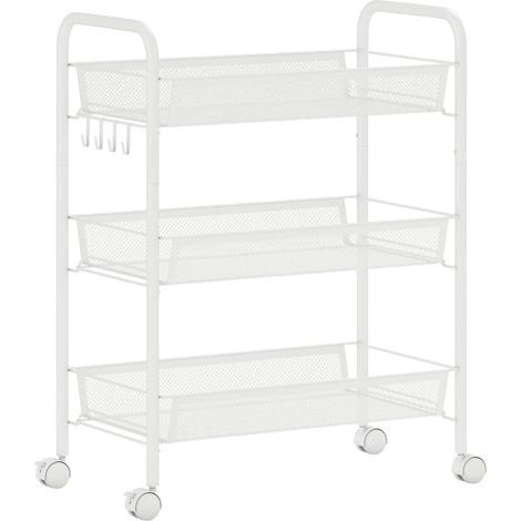 Desserte Konrad Rangement Mobile 3 Paniers 4 Crochets Acier Blanc Cuisine Buanderie