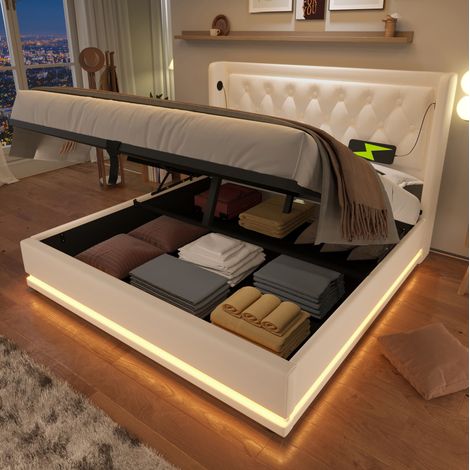 Letto matrimoniale 160x200 cm bianco in PU con contenitore idraulico, LED e porte USB-C (1/5)