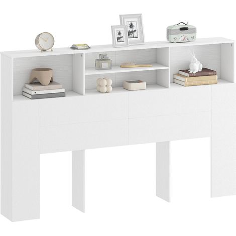 Tête de lit sur pied avec rangements, accessoire de lit 4 compartiments ouverts, 160 x 20,2 x 108,2 cm, blanc (1/5)