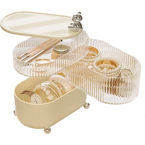 Boîte de rangement en plastique rotative à trois couches avec tiroir - Grand comptoir pour bijoux de beauté et de soins de la peau (1/5)