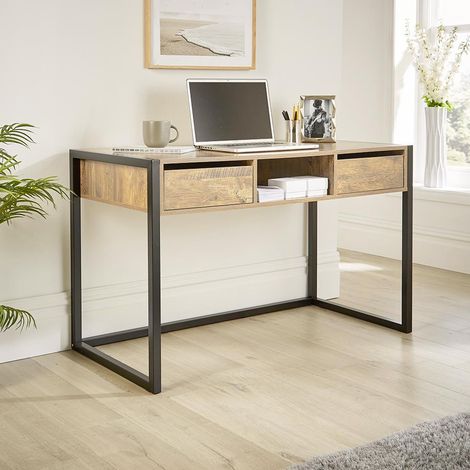 Smoked Oak Effect Office Desk Workstation 2 Drawer Shelf Storage PC Black Metal Legs