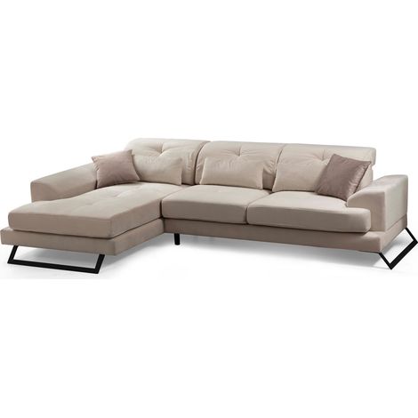 Canapé d'angle gauche velours beige clair têtières relevables pieds metal noir Briko 308cm (1/5)