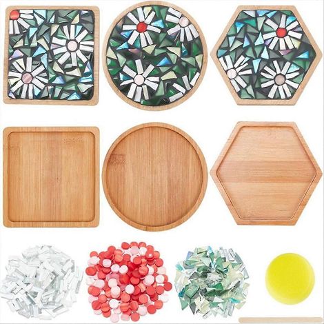 Set mit 3 Bambusuntersetzern mit Blumenmuster zum Selbermachen mit floralem Mosaik. (1/5)