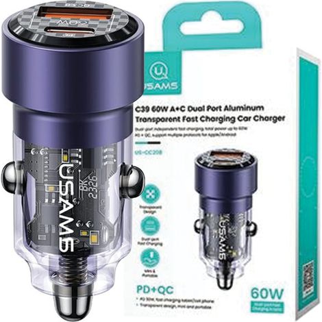 USAMS Autoladegerät C39 USB+USB-C 60W Schnellladung lila/lila CC208CC02 (US-CC208) (1/5)