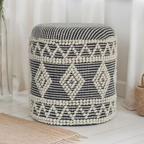 Pouf bohème avec coffre de rangement 40x45 cm en laine gris et écru (1/5)