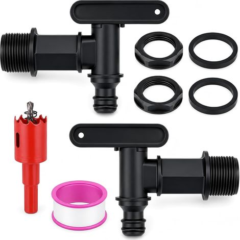 2 x Rainwater Tank Drain Taps, Plastic Tap with Seal and Hole Opener, 3/4 Inch Adapter for Rainwater Tank and Water Cistern (1/5)