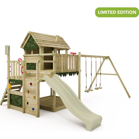 Fatmoose MightyMansion Move cabane sur pilotis avec toboggan et balançoire en vert sauge