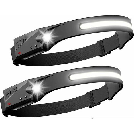 Lot de 2 lampes frontales à LED avec capteur COB XPE, puissantes, 5 modes, rechargeables par USB, étanches