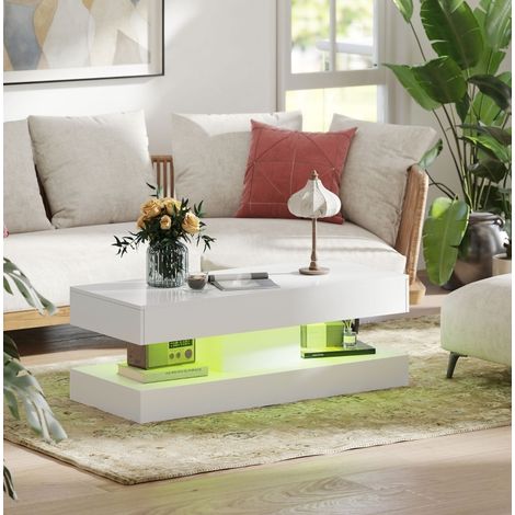 Mesa de centro 120x50x42 cm blanca de madera con 2 cajones, estante abierto e iluminación LED (1/5)