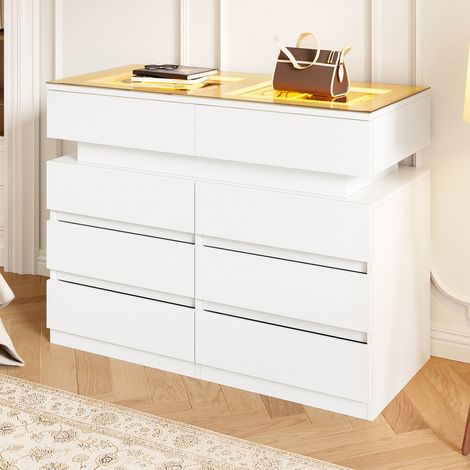 Buffet avec plateau en verre et LED, 100x45x76 cm, 8 tiroirs avec rangement compartimenté, en panneaux de particules et verre, blanc (1/5)
