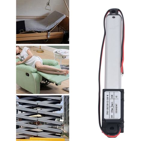 Actionneur linéaire électrique miniature, sans ailettes, avec extension et rétraction automatiques, poussée 150 N, course 100 mm, alimentation 24 V CC. (1/5)