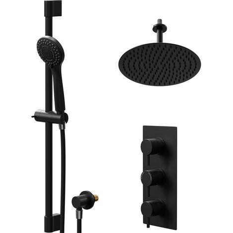 Colore Round Matt Black Concealed Triple Thermostatic Shower Valve and 300mm Thin Round Fixed Head with 150mm Ceiling Arm and Round Slide Rail Kit with Round Elbow - 2 Outlet (1/5)