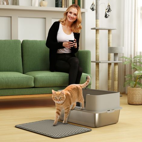 XL-Katzentoilette aus Edelstahl, Toilettenhaus für große Katzen, leicht zu reinigen, 60,2 x 40,2 x 29,5 cm, grau