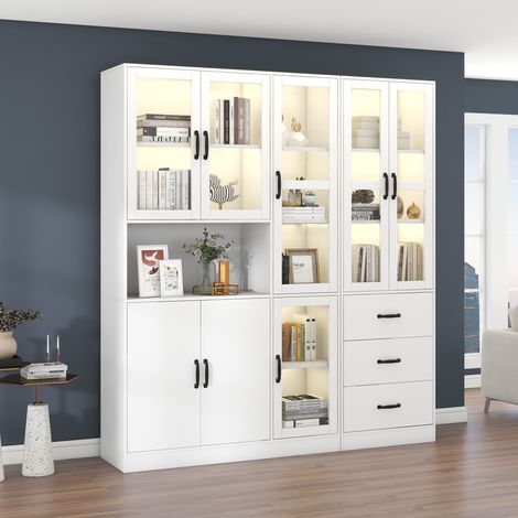 Vitrine mit 8 Türen und 3 Schubladen, LED mit USB, Moderner Stil, für Wohn oder Esszimmer, aus Platten, 180 × 40 × 200 cm