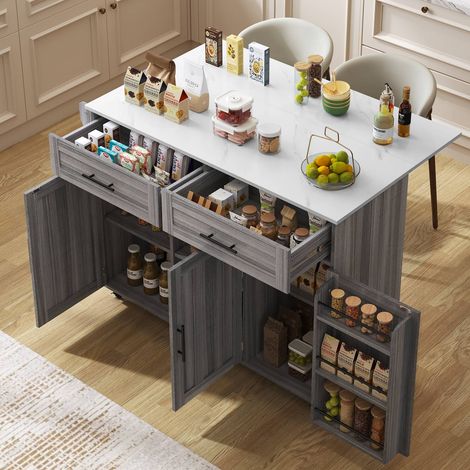 Buffet roulant extensible 129 cm plateau marbre blanc rangements roulettes pieds amovibles (1/5)