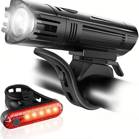 Kit de luces LED recargables por USB e impermeables para bicicleta, faro delantero y trasero de aleación de aluminio de alta potencia para una conducción nocturna segura al aire libre. (1/5)