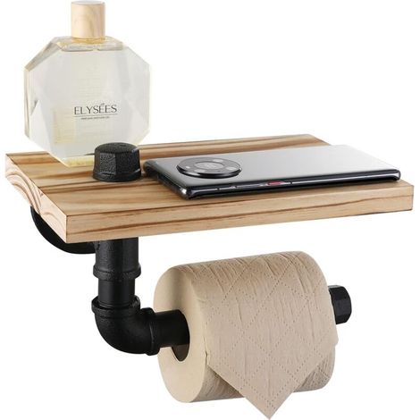 Porte-papier hygiénique à tuyau industriel avec étagère - Porte-papier hygiénique rustique en rouleau de style vintage pour salle de bain, résistant à la rouille (noir) (1/5)