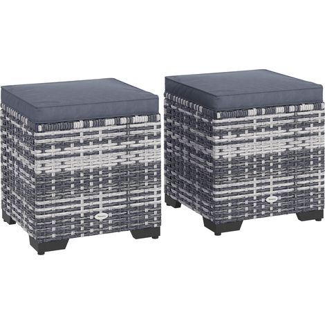 Set of 2 Rattan Storage Ottoman, Outdoor Footstool with Removable Cushions, Garden Storage Seat for Balcony, Porch, Living Room, Dark Grey (1/5)