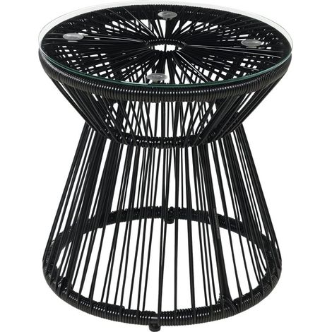 Table d'appoint ronde en rotin design tambour ajouré avec plateau en verre, table basse pour terrasse, jardin et balcon, couleur noire (1/5)