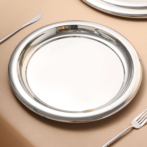 Plateau de service rond en acier inoxydable 35 cm, finition miroir, métal argenté, plateau de bar circulaire pour boissons, amuse-gueules, desserts, whisky (1/5)