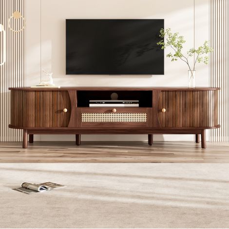 Meuble TV 165 cm avec portes coulissantes et tiroirs, en noyer, pour appartement et hôtel (1/5)