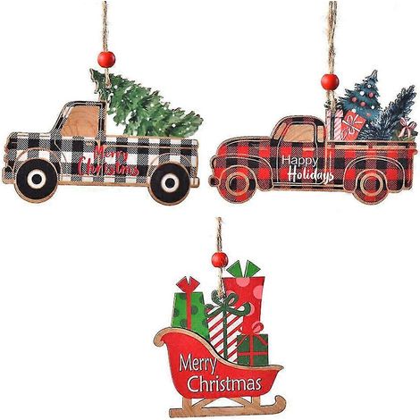 Décorations de Noël en bois en forme de voitures et de camions, à suspendre au sapin. Pendentifs décoratifs pour sapin de Noël et maison. (1/5)