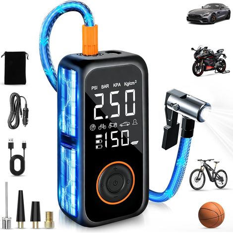 Kabelloser Autoreifenfüller, 8000mAh Mini-Tragbarer Luftkompressor, 150PSI Elektrische Fahrradpumpe mit digitalem LCD-Bildschirm und LED-Taschenlampe, Reifenfüller für Fahrräder, Autos, Motorräder und