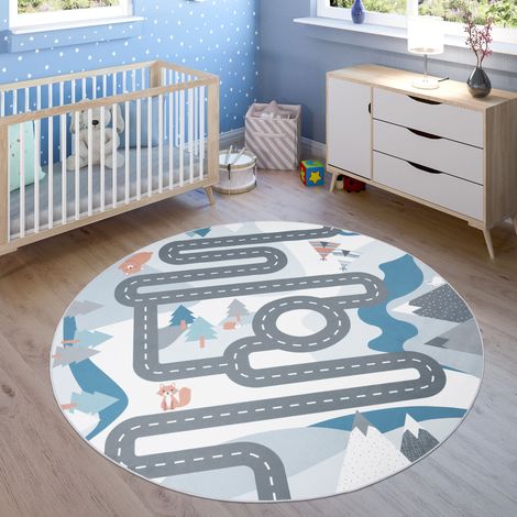 Paco Home Tappeto da gioco per la cameretta dei bambini con motivo di strade e animali, color crema Ø 160 cm tondo
