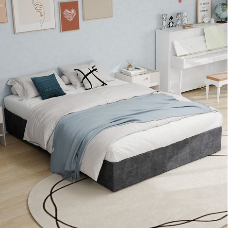 Letto in tessuto e metallo grigio 160x200 cm con testiera geometrica e rete a doghe (1/5)