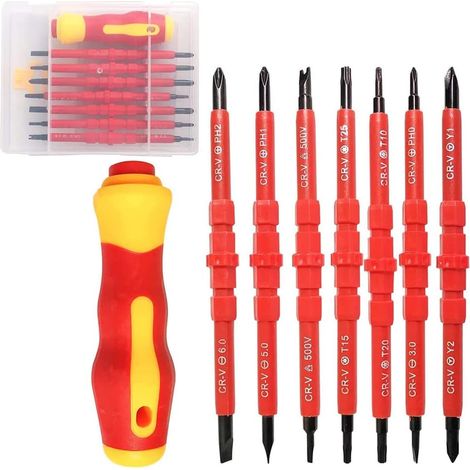 Ej.Life 7 Pièces Tournevis Isolants, Tournevis Interchangeable, Tournevis d'Électricien Isolé, 14 en 1 Acier Chrome Vanadium Ensemble Tournevis avec Poignée Souple pour Réparation d'Un Électricien (1/5)