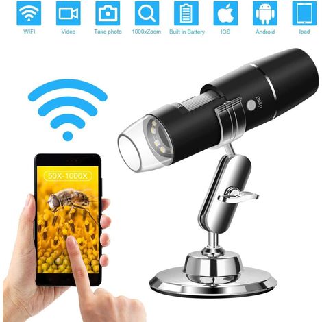 Microscope Numérique USB, 720P WiFi Endoscope Portable 50X-1000X avec Endoscope à 8 LED, Support en Métal pour Android iOS iPhone iPad MNS (1/4)