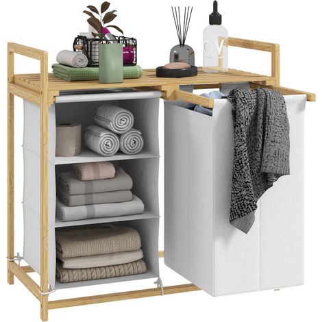 Panier à linge avec sac à linge et tiroir en tissu, bambou, 70 x 36 x 70 cm, blanc/bois (1/5)